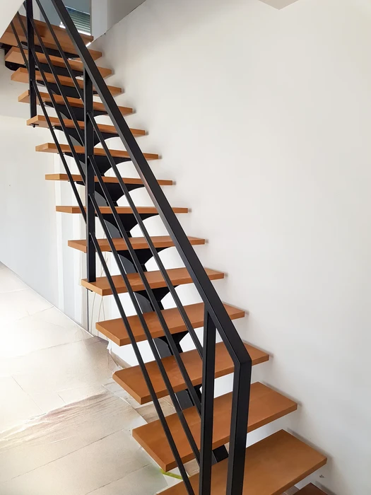 Escalier extérieur moderne avec rampe en verre et structure métallique noire, menant à une entrée surélevée